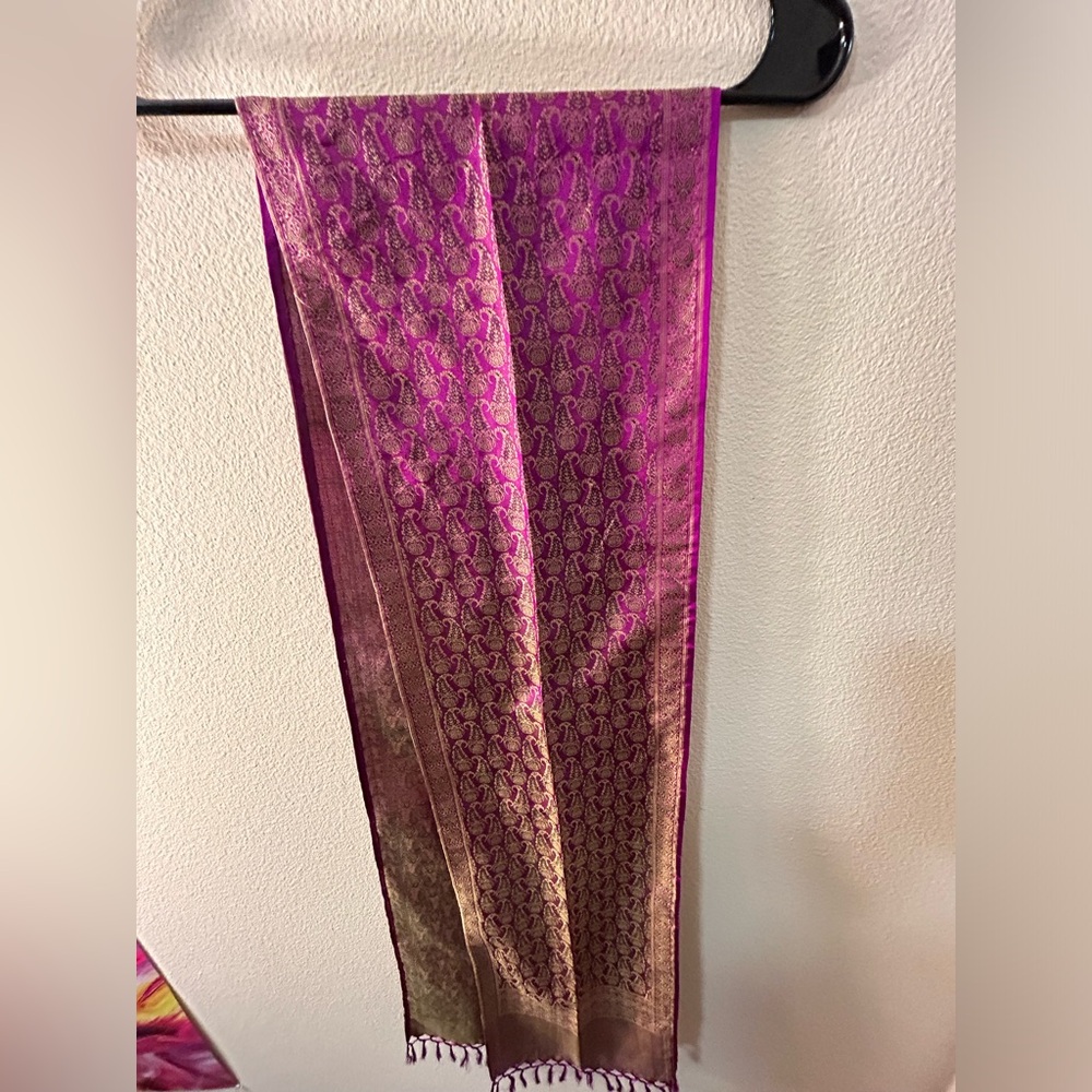 Authentic Silk Jaquard Scarf Beautiful Purple Pink and Gold color combinations.